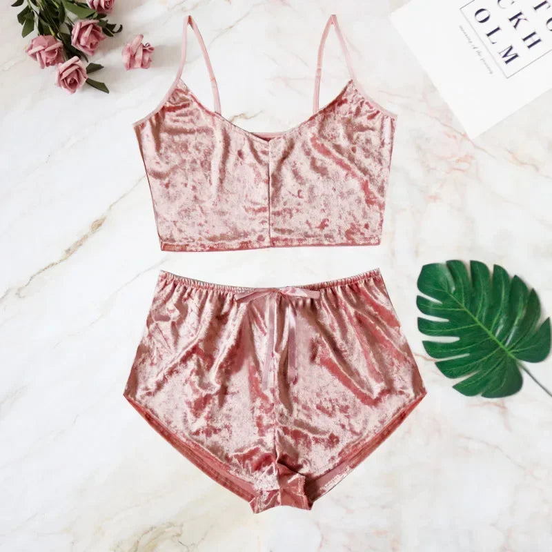 Pajamas Set Women Sexy Pink Red Silk Satin Velvet Pijamas Sleep Wear Robe Nightwear Sexy Lingerie Pj Sets Sleepwear