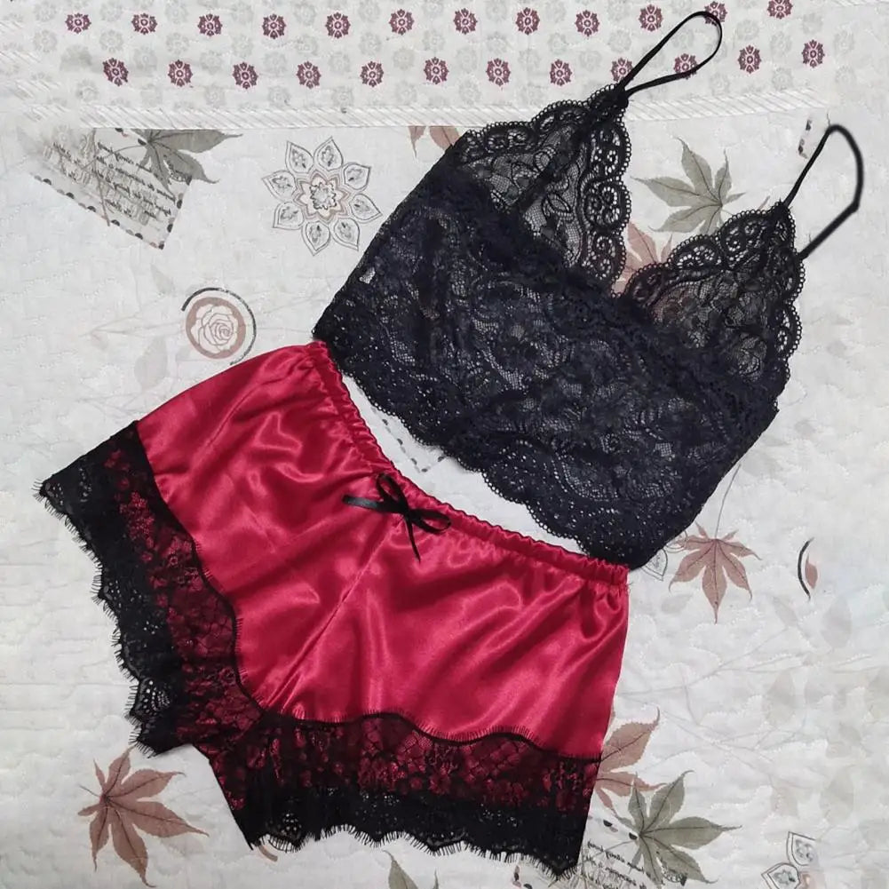 Lace Sleepwear Set for Women Sexy Transparent Sleeveless Tops Silk Shorts Pajamas Nightwear Female Lingerie Sleep Wears