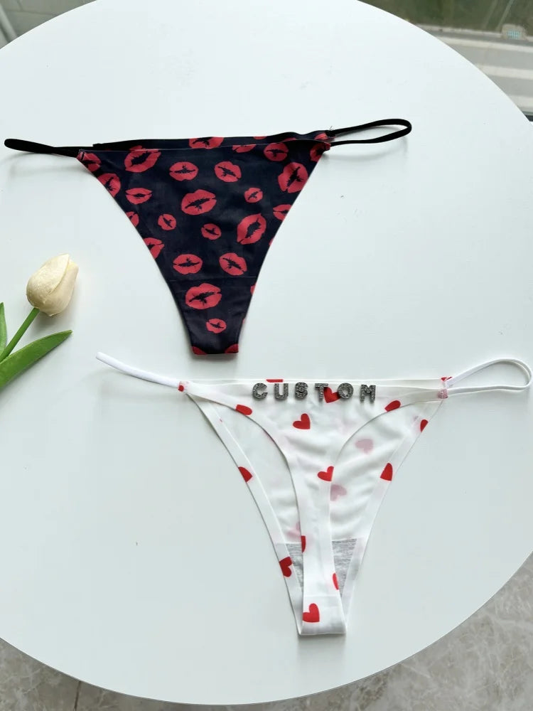 Custom Thong Name Letter Panties tanga Sexy Love Lips Pattern Personalized G-String Girlfriend Wife Valentines Christmas Gift