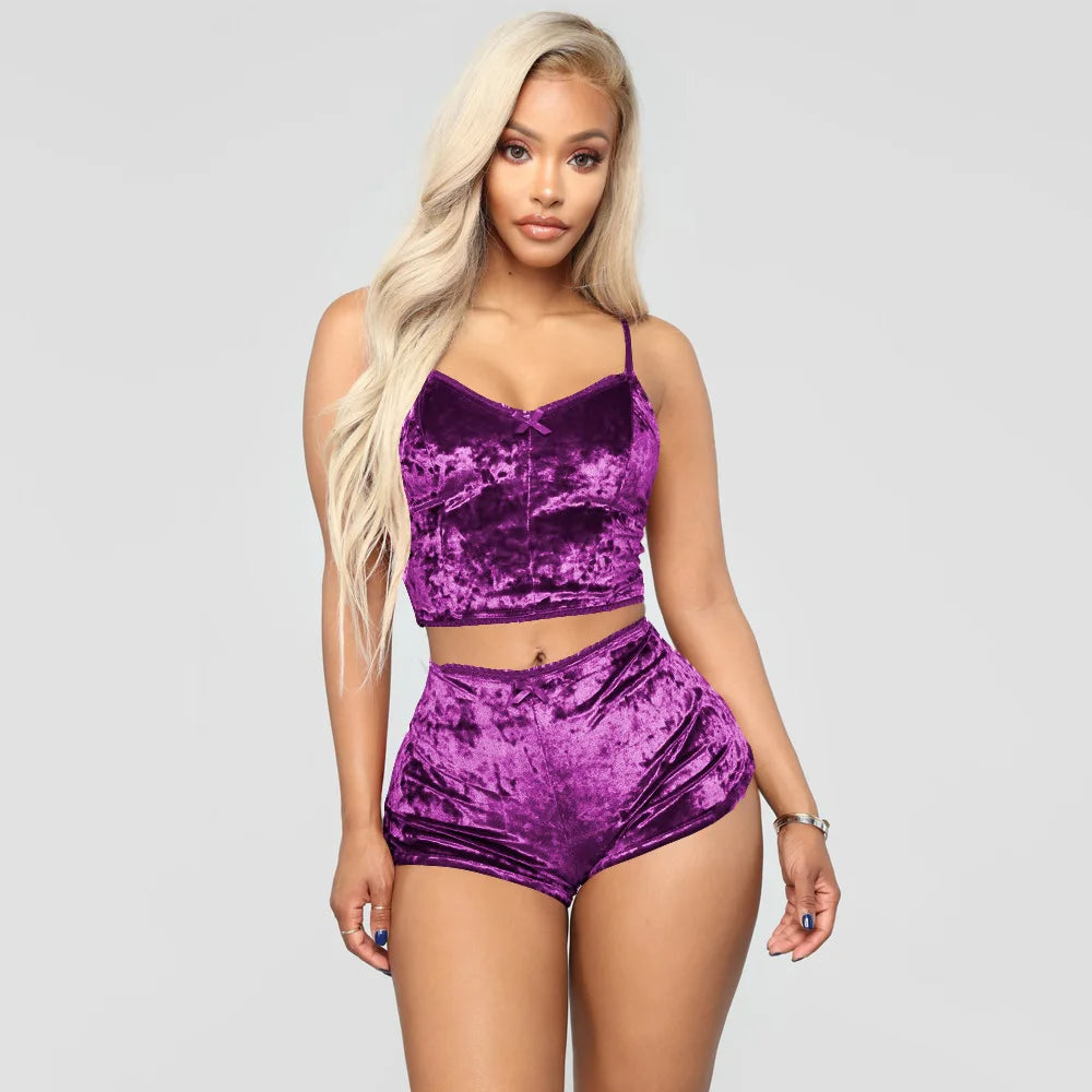 Women Summer Sexy Nightwear V-neck Lingerie Suspender Sleepwear Underwear Crop Tops Shorts Pajamas Set Solid Ladies Nightgown
