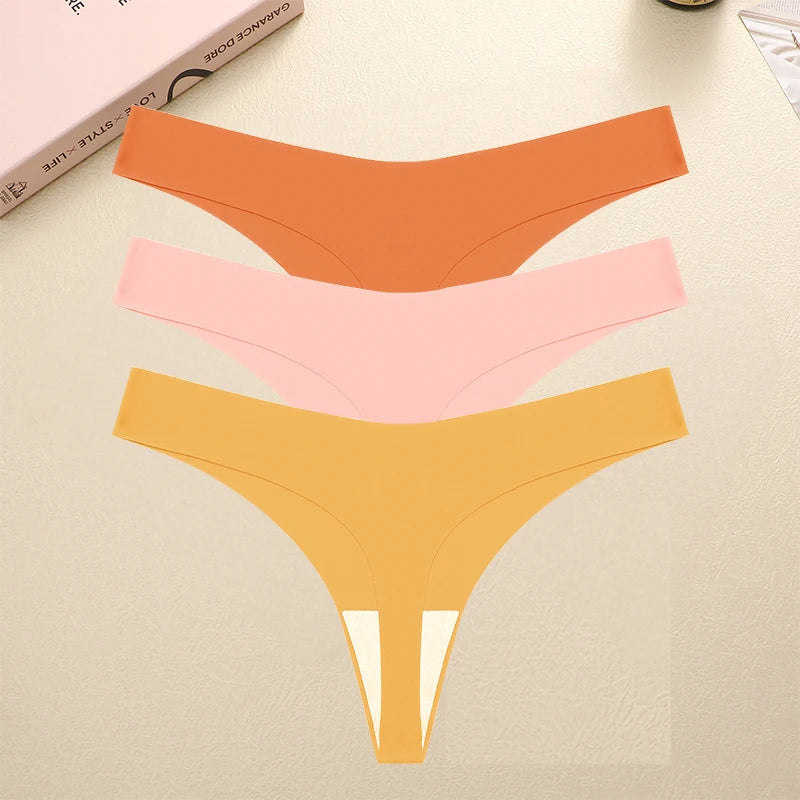FINETOO 3PCS Seamless Thong Women Ice Silk T-back Intimate Solid Breathable Crotch Briefs Sexy Tanga Multiple 10 Color Lingerie