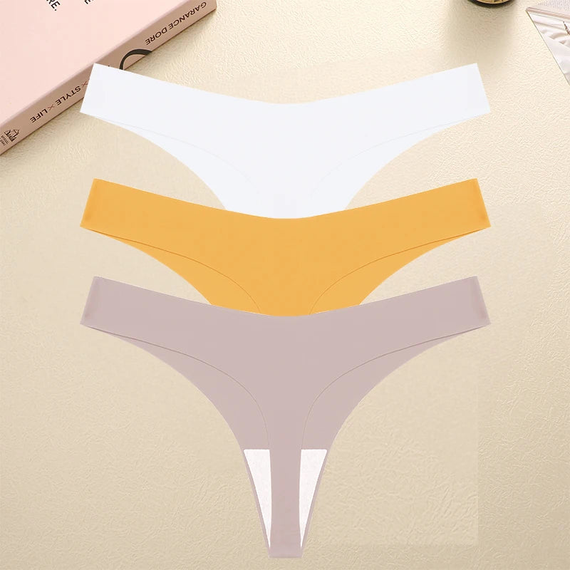 FINETOO 3PCS Seamless Thong Women Ice Silk T-back Intimate Solid Breathable Crotch Briefs Sexy Tanga Multiple 10 Color Lingerie