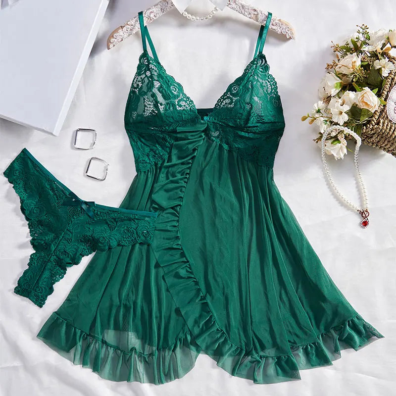 Summer Pajama Dress Female Sleeveless Lace V-Neck Sleepwear Night Transparent Tulle Pajamas Sexy Nightwear Erotic Thong Set