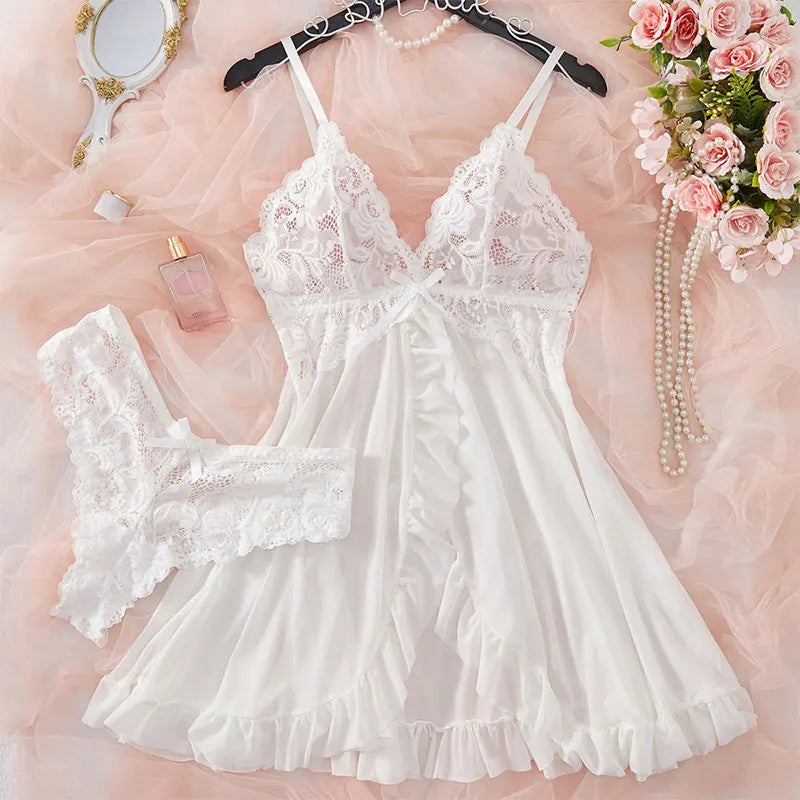 Summer Pajama Dress Female Sleeveless Lace V-Neck Sleepwear Night Transparent Tulle Pajamas Sexy Nightwear Erotic Thong Set