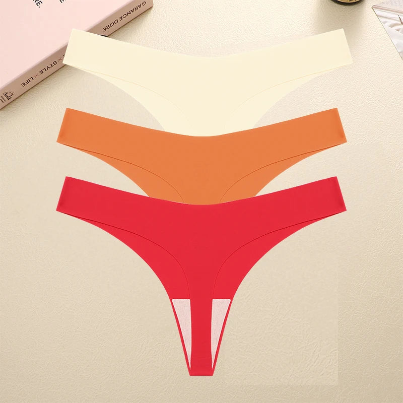 FINETOO 3PCS Seamless Thong Women Ice Silk T-back Intimate Solid Breathable Crotch Briefs Sexy Tanga Multiple 10 Color Lingerie