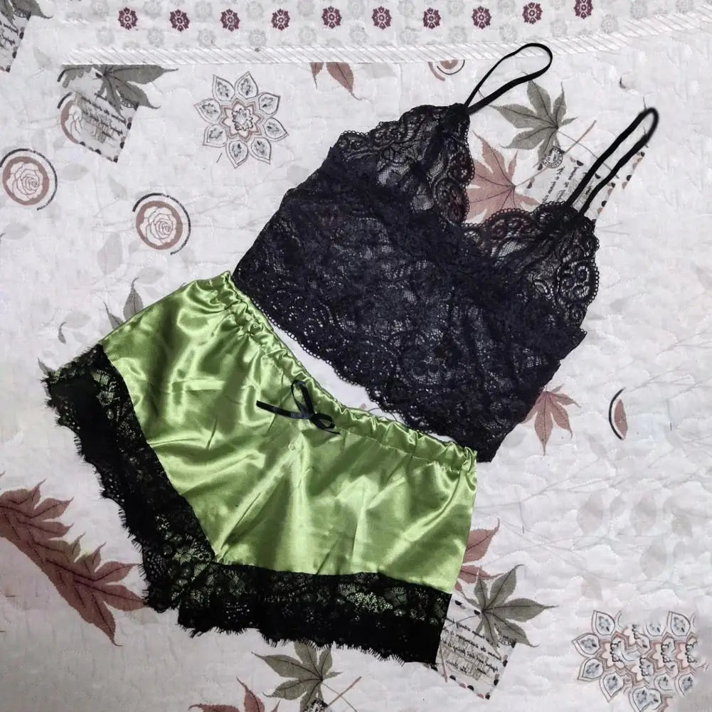 Lace Sleepwear Set for Women Sexy Transparent Sleeveless Tops Silk Shorts Pajamas Nightwear Female Lingerie Sleep Wears