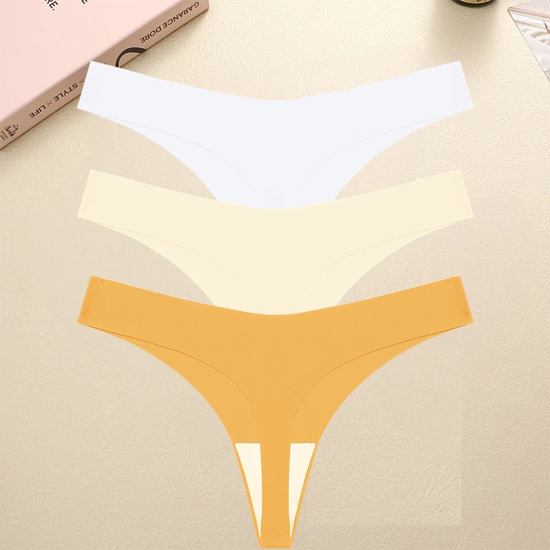 FINETOO 3PCS Seamless Thong Women Ice Silk T-back Intimate Solid Breathable Crotch Briefs Sexy Tanga Multiple 10 Color Lingerie