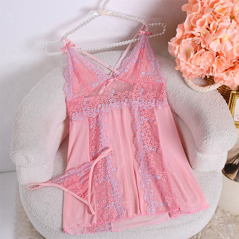 Erotic Light Thin New Transparent Pink Lace Floret See Through Sling Sleeveless Nightwear Suit Women Pajamas Set Sexy Lingerie