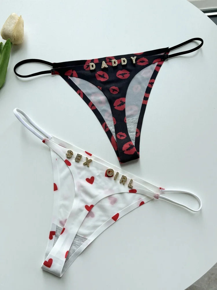 Custom Thong Name Letter Panties tanga Sexy Love Lips Pattern Personalized G-String Girlfriend Wife Valentines Christmas Gift