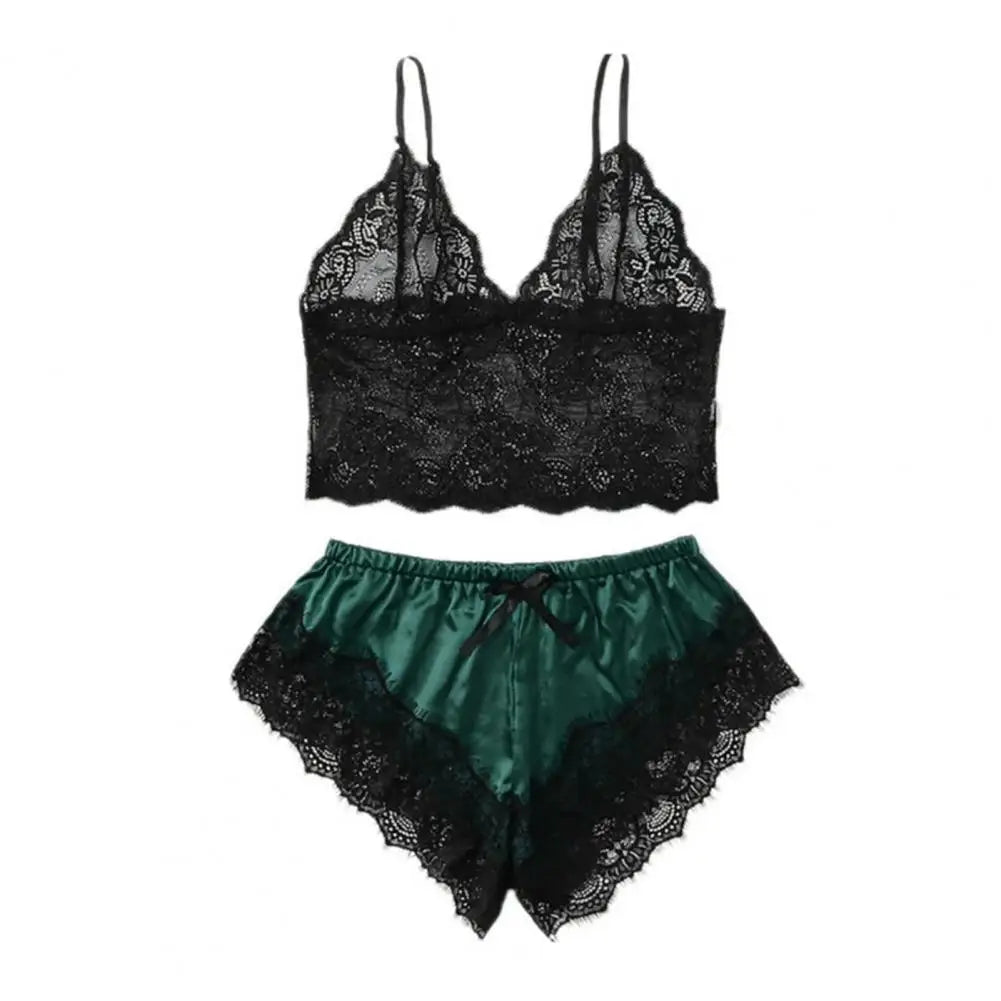 Lace Sleepwear Set for Women Sexy Transparent Sleeveless Tops Silk Shorts Pajamas Nightwear Female Lingerie Sleep Wears