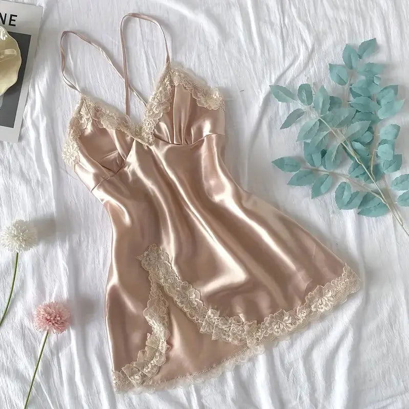 Erotic Nightdress Clothe Women Nightgowns Sexy Nightwear Lace Patchwork Lingerie Nighty Sleepwear Wedding Satin Dress Sleep Wear