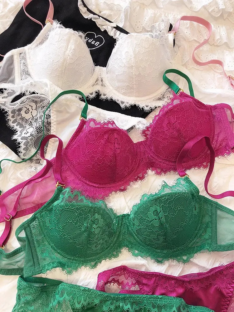 MOYISU African Dopamine French Lace Underwire Bra Set, Push-Up Minimizer Sexy Lingerie for Big Bust Women Thin Soft Cups