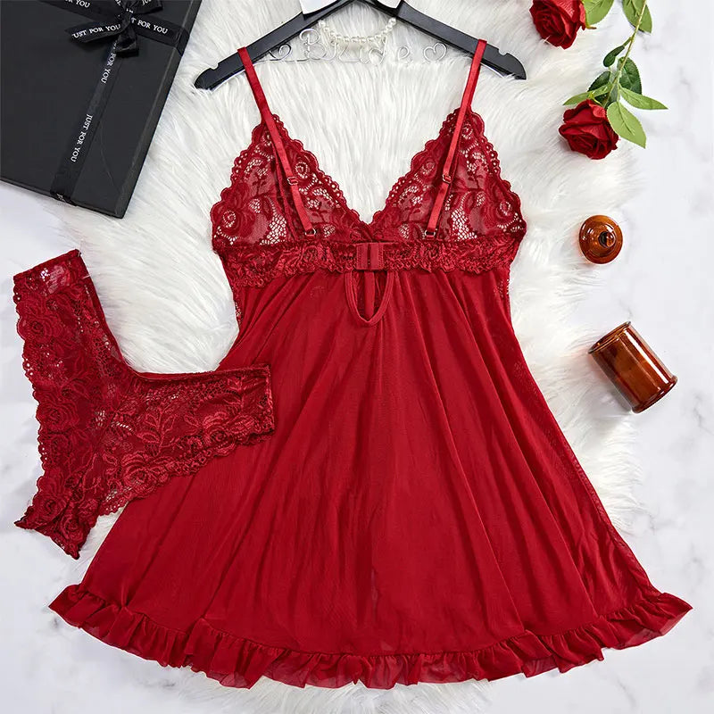 Summer Pajama Dress Female Sleeveless Lace V-Neck Sleepwear Night Transparent Tulle Pajamas Sexy Nightwear Erotic Thong Set