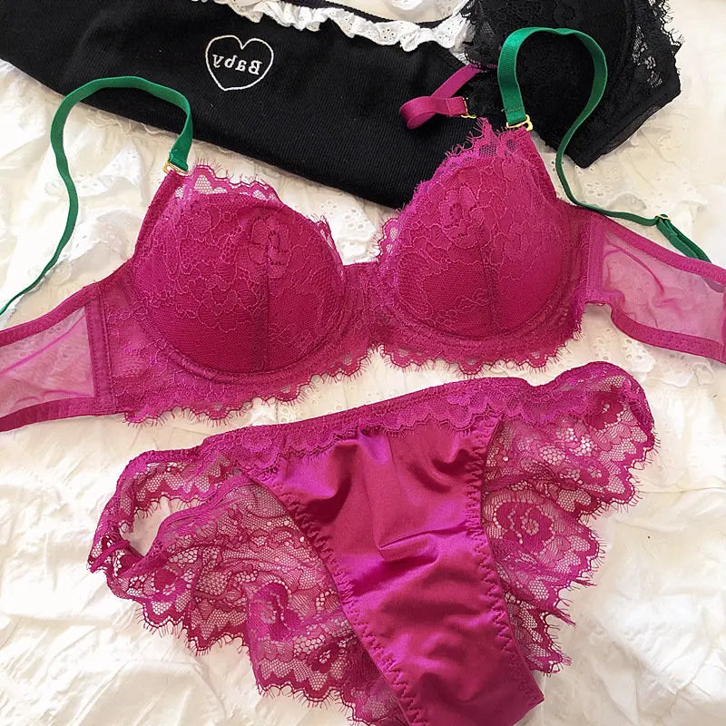 MOYISU African Dopamine French Lace Underwire Bra Set, Push-Up Minimizer Sexy Lingerie for Big Bust Women Thin Soft Cups
