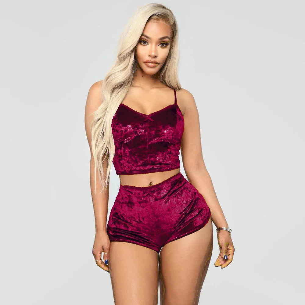 Women Summer Sexy Nightwear V-neck Lingerie Suspender Sleepwear Underwear Crop Tops Shorts Pajamas Set Solid Ladies Nightgown