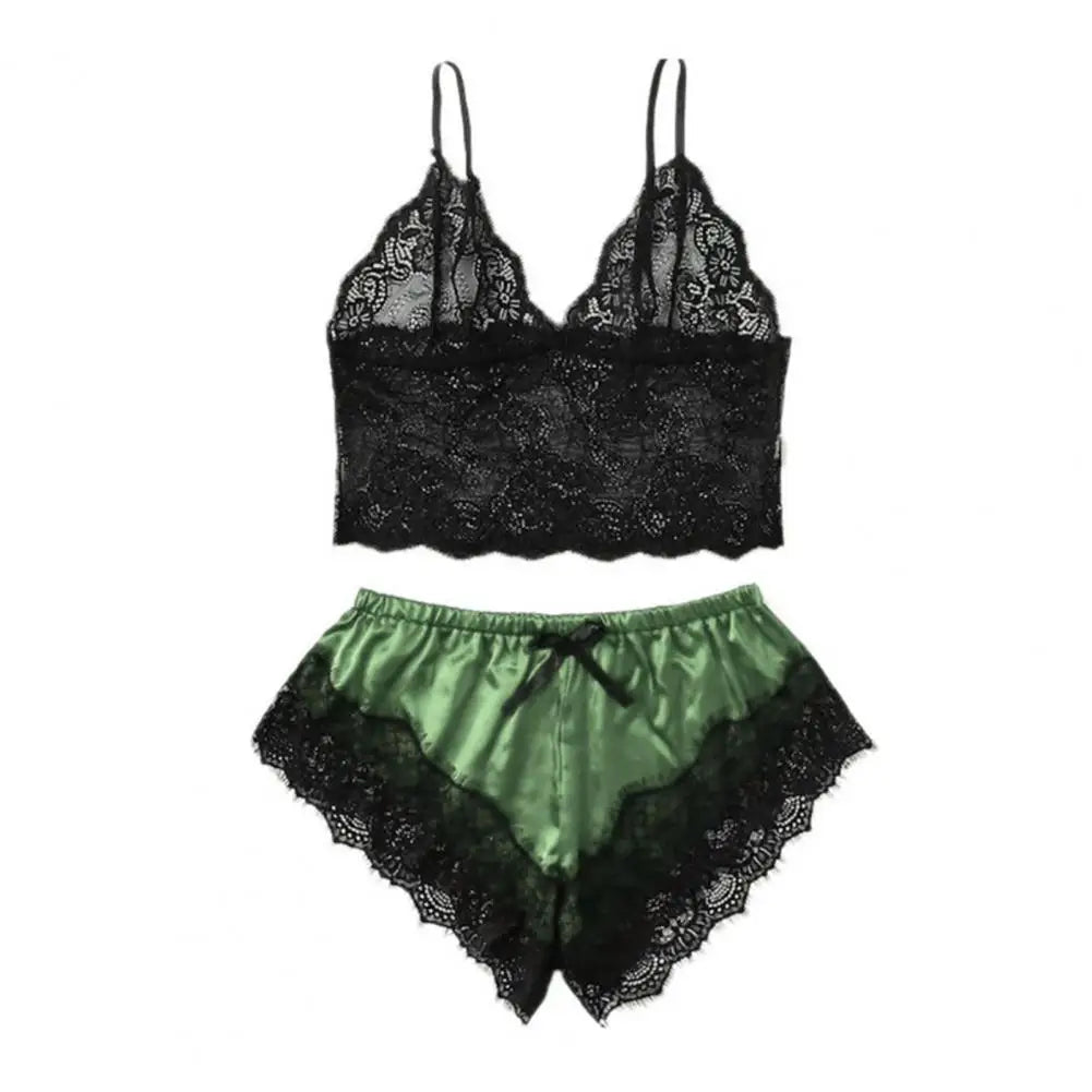 Lace Sleepwear Set for Women Sexy Transparent Sleeveless Tops Silk Shorts Pajamas Nightwear Female Lingerie Sleep Wears