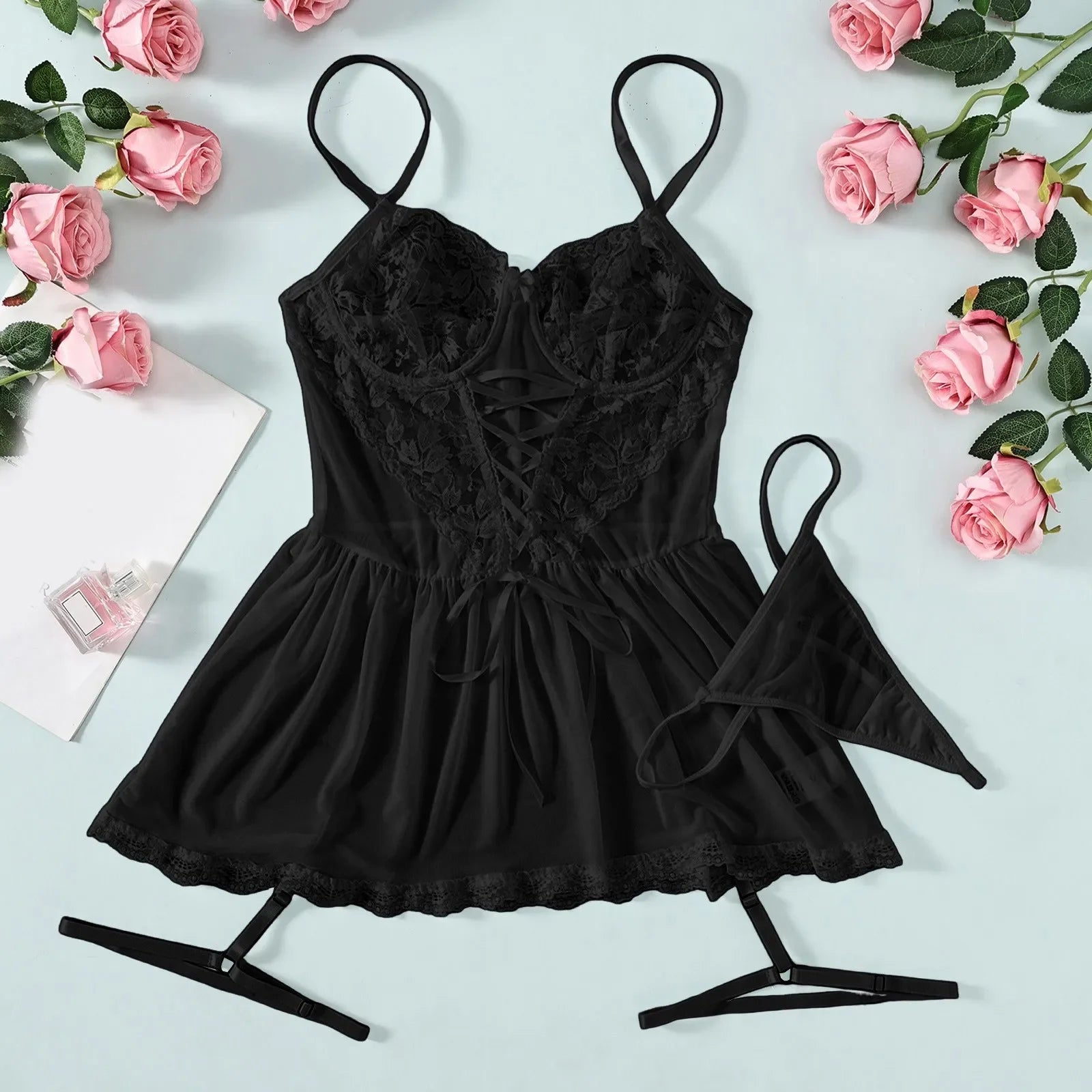 Soild Womens' Nightdress Sexy Pajamas Lace Nightclub Fun Underwear Hollow Backless Ladies Nightgown Nightwear Erotic Lingerie