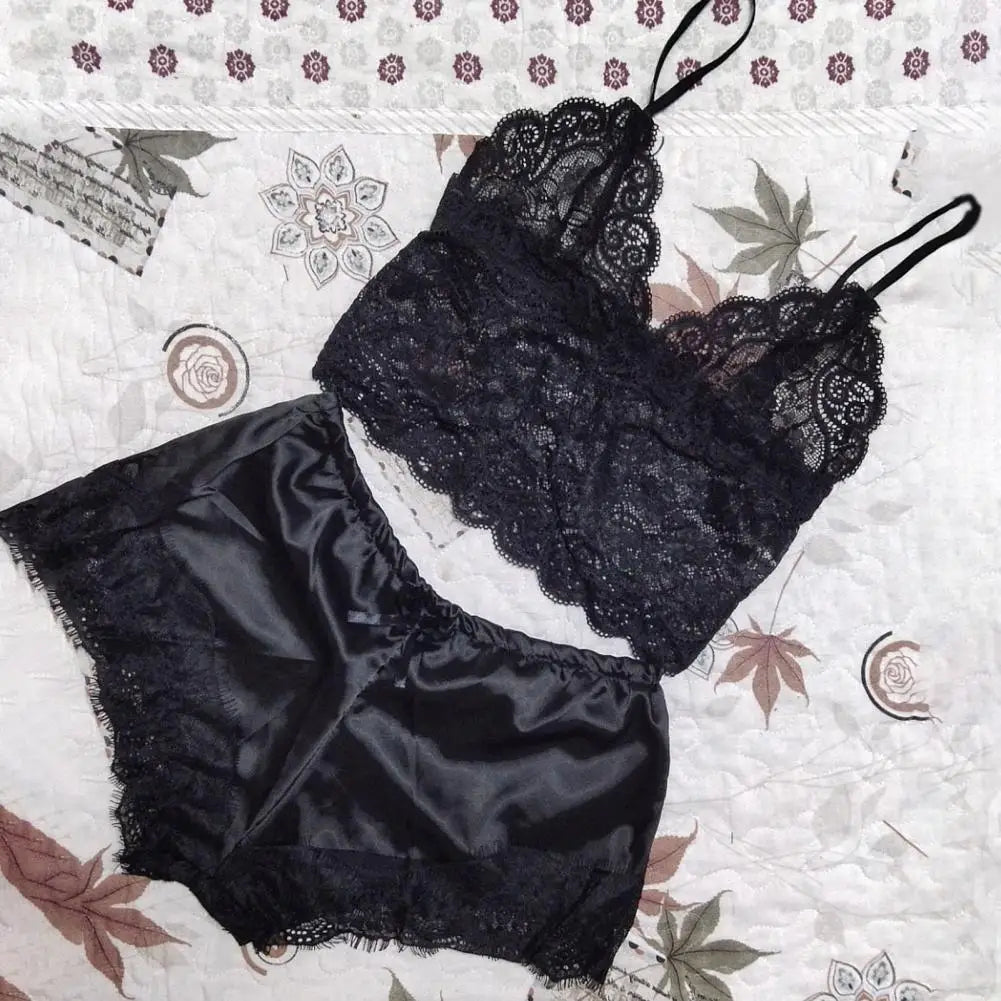 Lace Sleepwear Set for Women Sexy Transparent Sleeveless Tops Silk Shorts Pajamas Nightwear Female Lingerie Sleep Wears