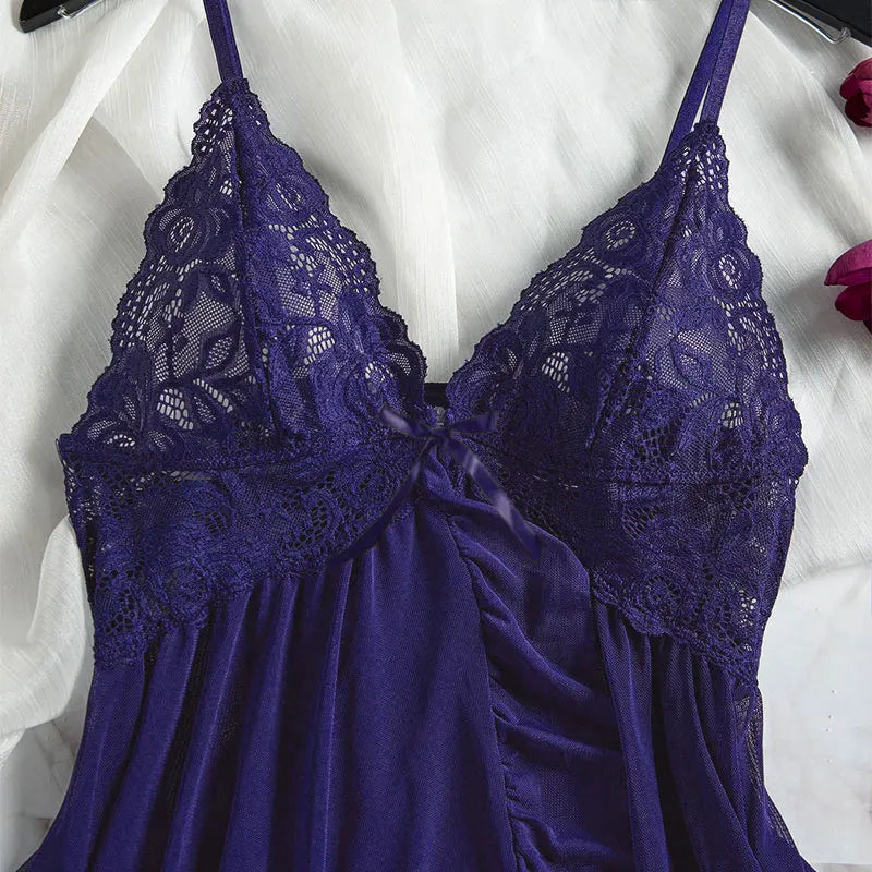 Summer Pajama Dress Female Sleeveless Lace V-Neck Sleepwear Night Transparent Tulle Pajamas Sexy Nightwear Erotic Thong Set