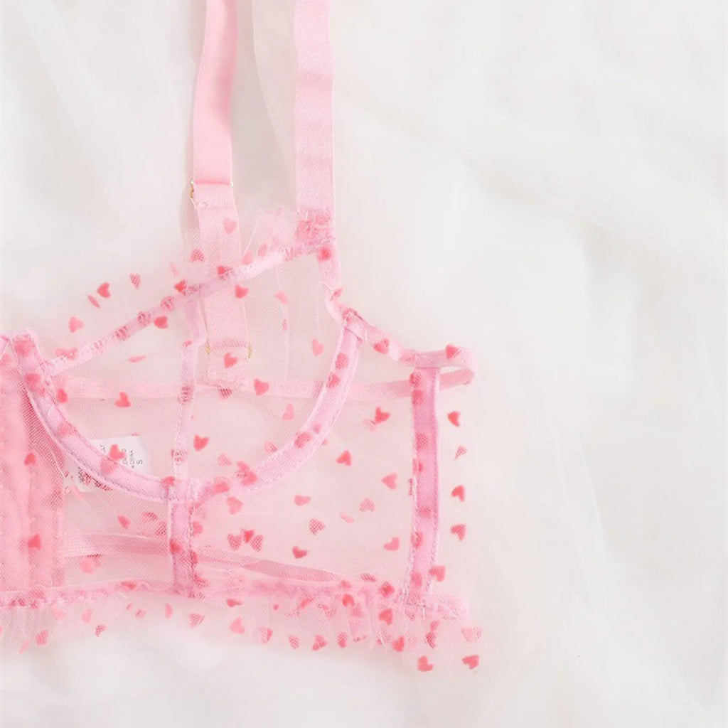 See Through Mesh Lingerie Set Women's Heart Embroidery Steel Ring Push Up Bra And Thong Set Sleepwear Fashion Boudoir Outfits
