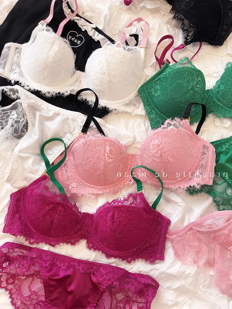 MOYISU African Dopamine French Lace Underwire Bra Set, Push-Up Minimizer Sexy Lingerie for Big Bust Women Thin Soft Cups