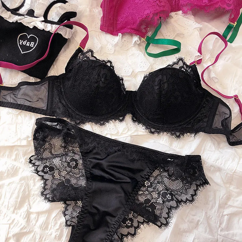 MOYISU African Dopamine French Lace Underwire Bra Set, Push-Up Minimizer Sexy Lingerie for Big Bust Women Thin Soft Cups