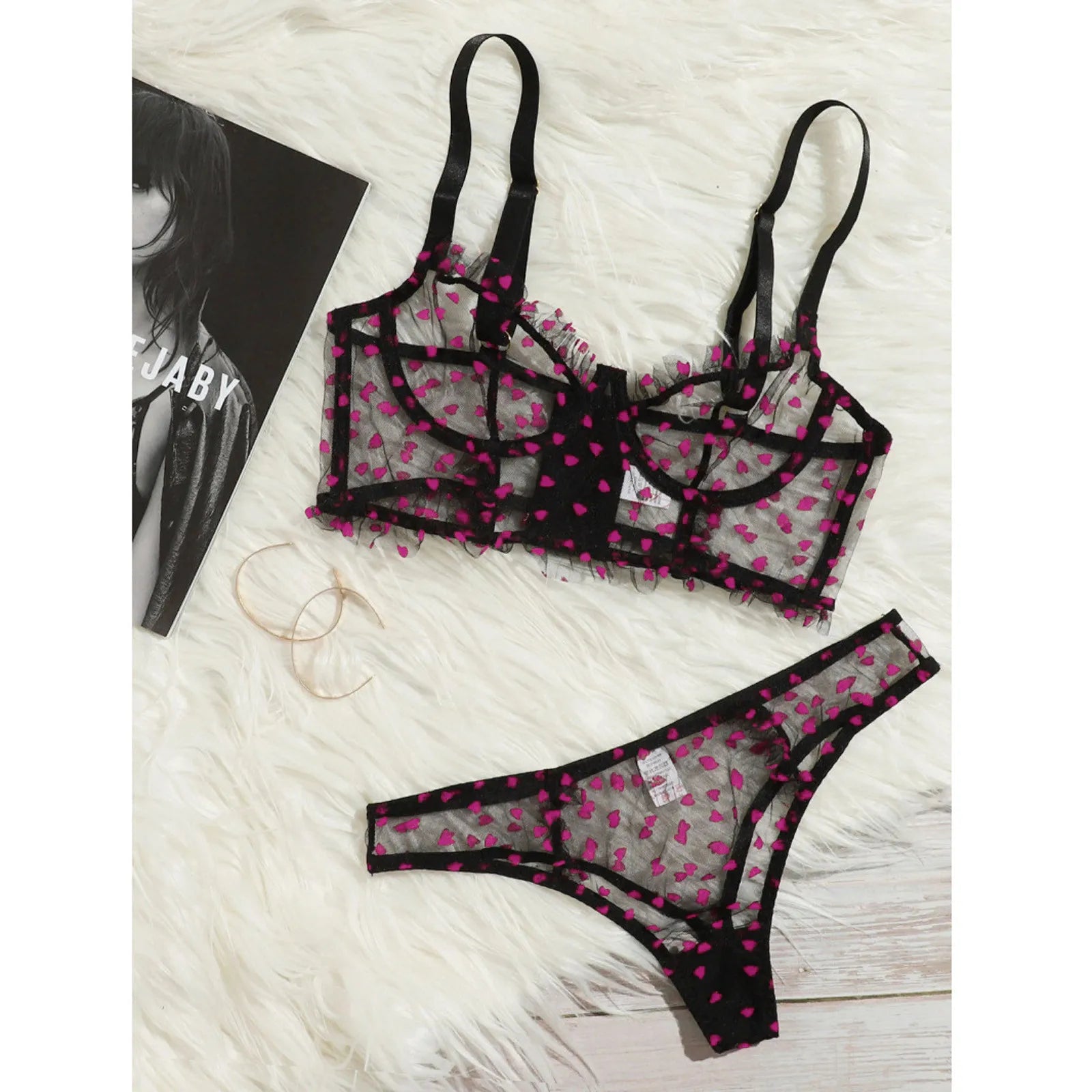 See Through Mesh Lingerie Set Women's Heart Embroidery Steel Ring Push Up Bra And Thong Set Sleepwear Fashion Boudoir Outfits
