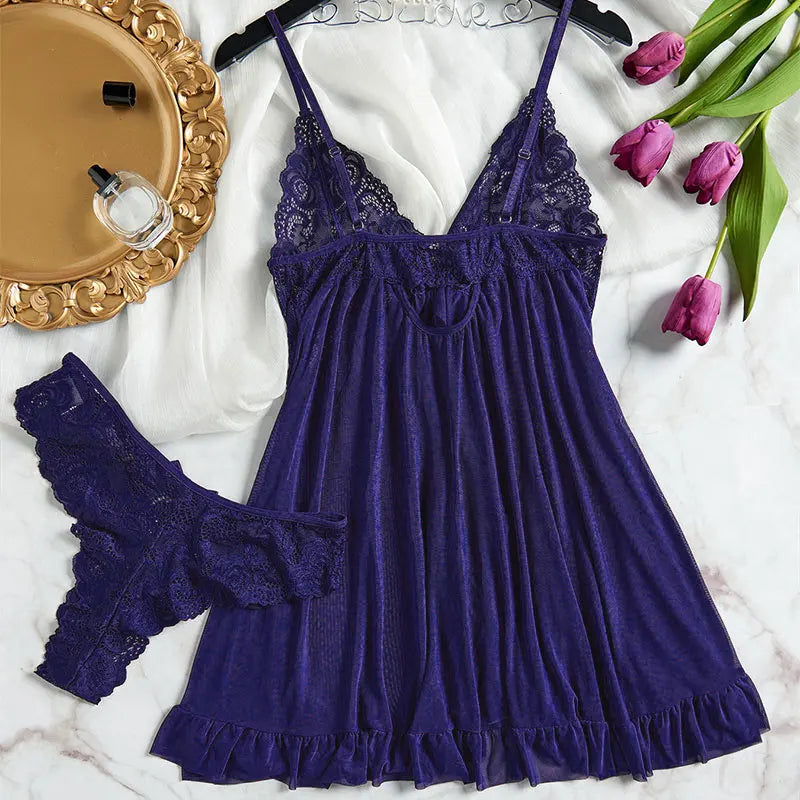 Summer Pajama Dress Female Sleeveless Lace V-Neck Sleepwear Night Transparent Tulle Pajamas Sexy Nightwear Erotic Thong Set
