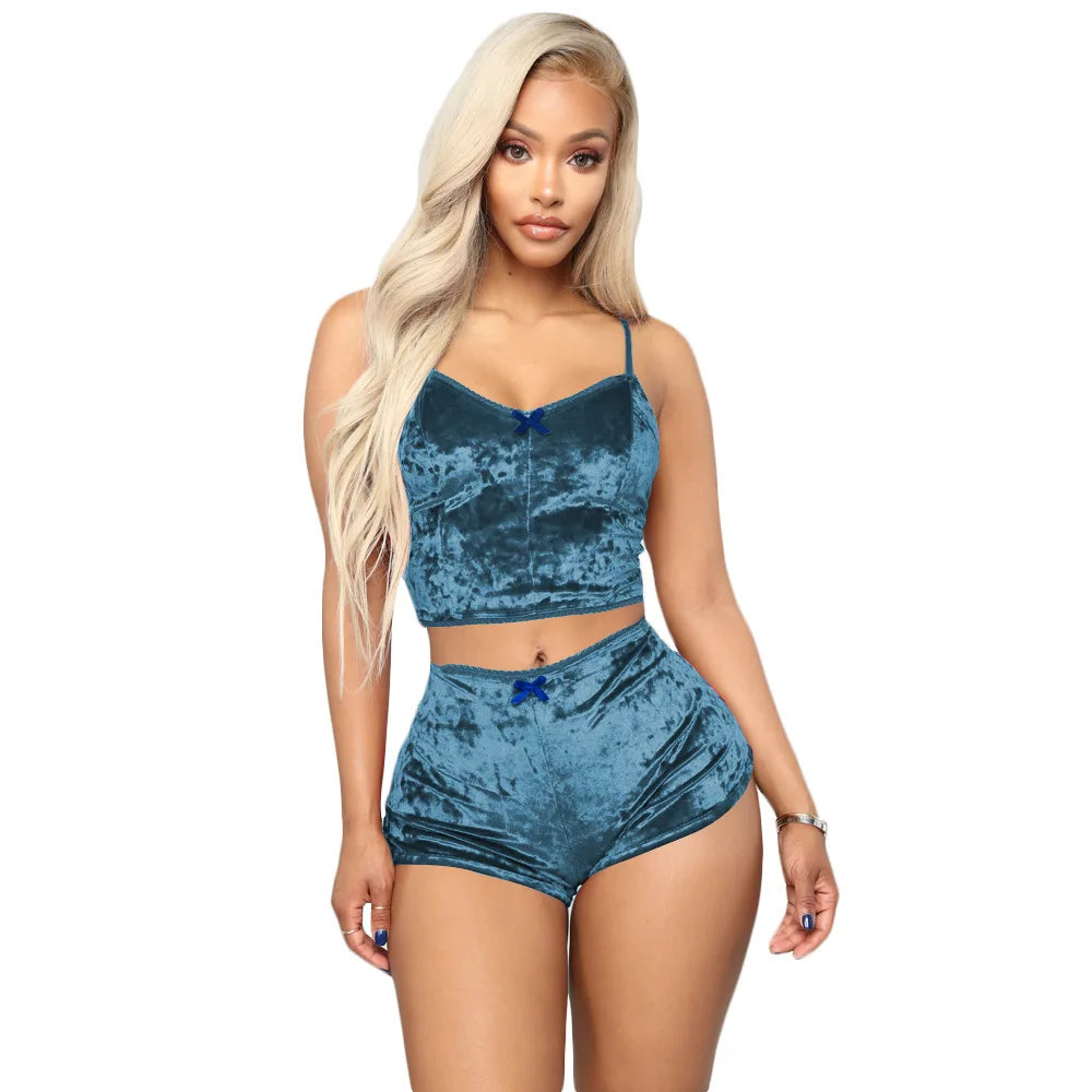 Women Summer Sexy Nightwear V-neck Lingerie Suspender Sleepwear Underwear Crop Tops Shorts Pajamas Set Solid Ladies Nightgown