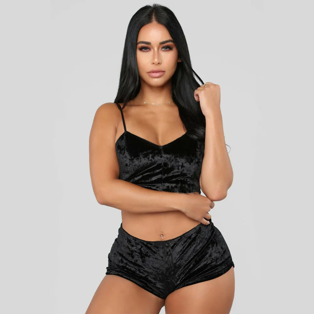 Women Summer Sexy Nightwear V-neck Lingerie Suspender Sleepwear Underwear Crop Tops Shorts Pajamas Set Solid Ladies Nightgown