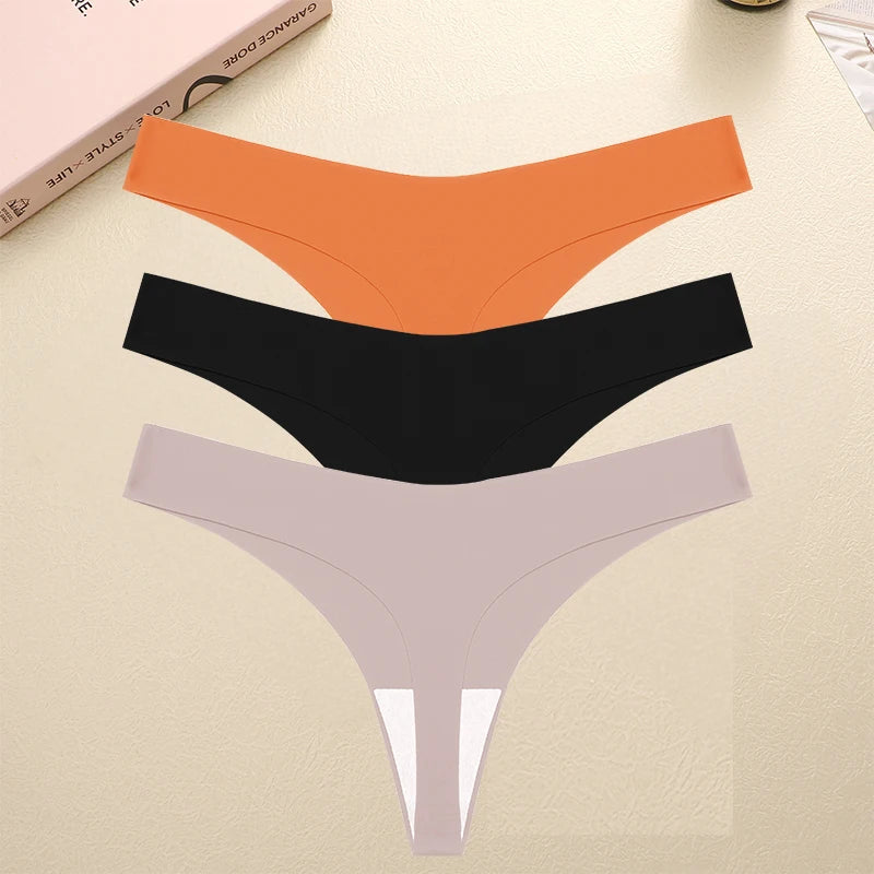 FINETOO 3PCS Seamless Thong Women Ice Silk T-back Intimate Solid Breathable Crotch Briefs Sexy Tanga Multiple 10 Color Lingerie