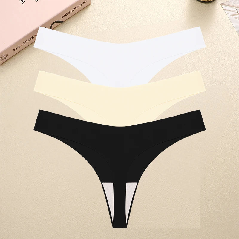 FINETOO 3PCS Seamless Thong Women Ice Silk T-back Intimate Solid Breathable Crotch Briefs Sexy Tanga Multiple 10 Color Lingerie
