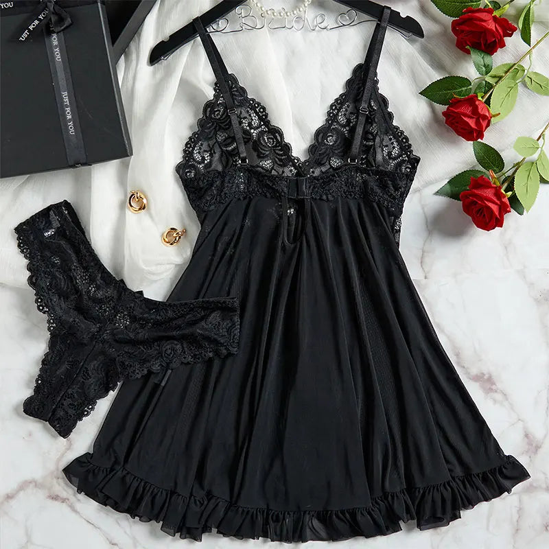 Summer Pajama Dress Female Sleeveless Lace V-Neck Sleepwear Night Transparent Tulle Pajamas Sexy Nightwear Erotic Thong Set