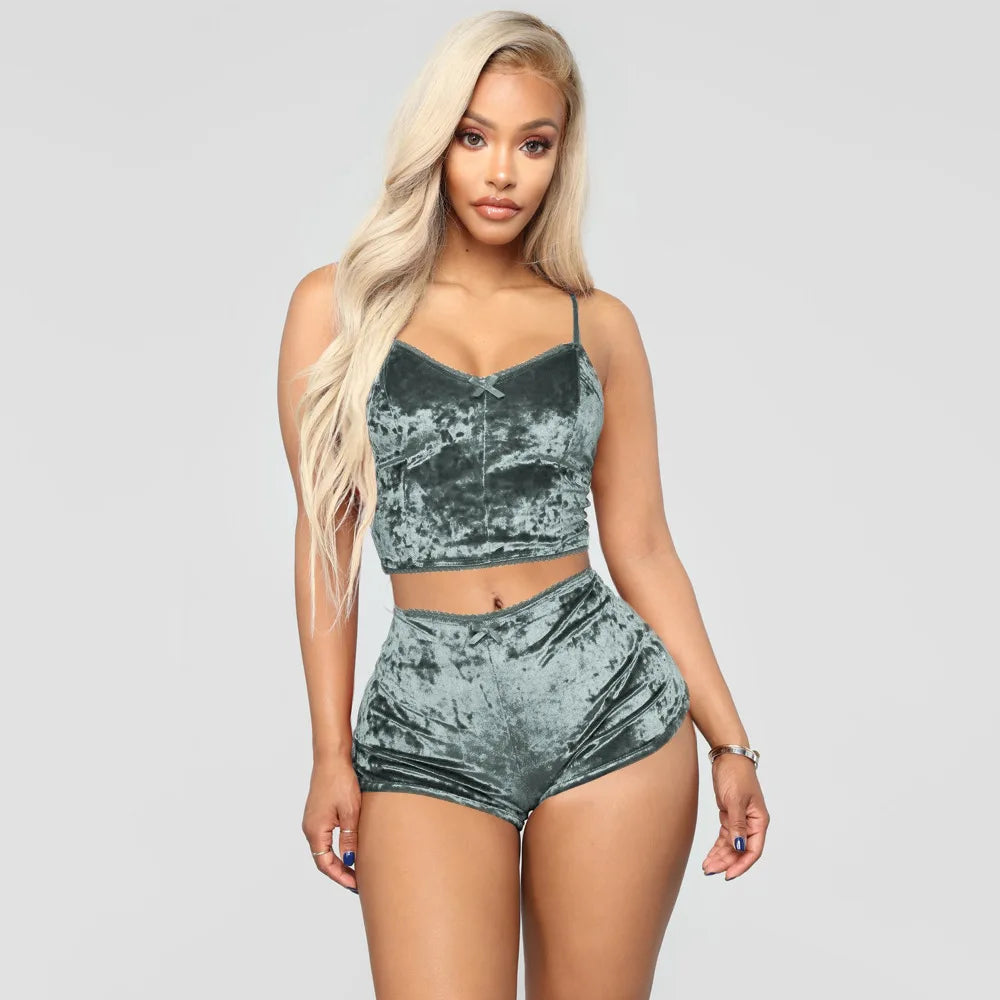 Women Summer Sexy Nightwear V-neck Lingerie Suspender Sleepwear Underwear Crop Tops Shorts Pajamas Set Solid Ladies Nightgown