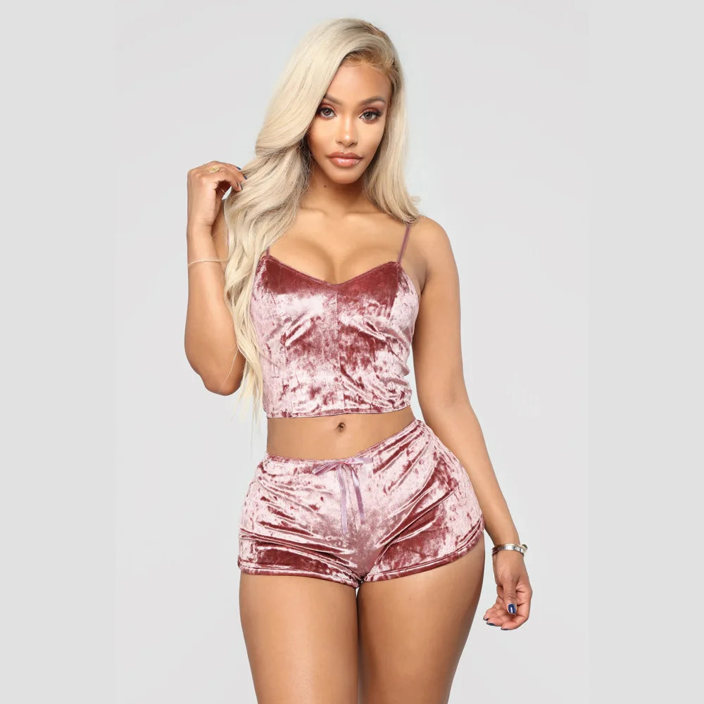 Women Summer Sexy Nightwear V-neck Lingerie Suspender Sleepwear Underwear Crop Tops Shorts Pajamas Set Solid Ladies Nightgown