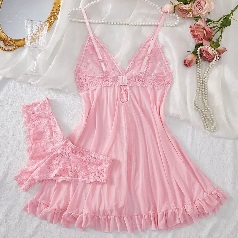 Summer Pajama Dress Female Sleeveless Lace V-Neck Sleepwear Night Transparent Tulle Pajamas Sexy Nightwear Erotic Thong Set