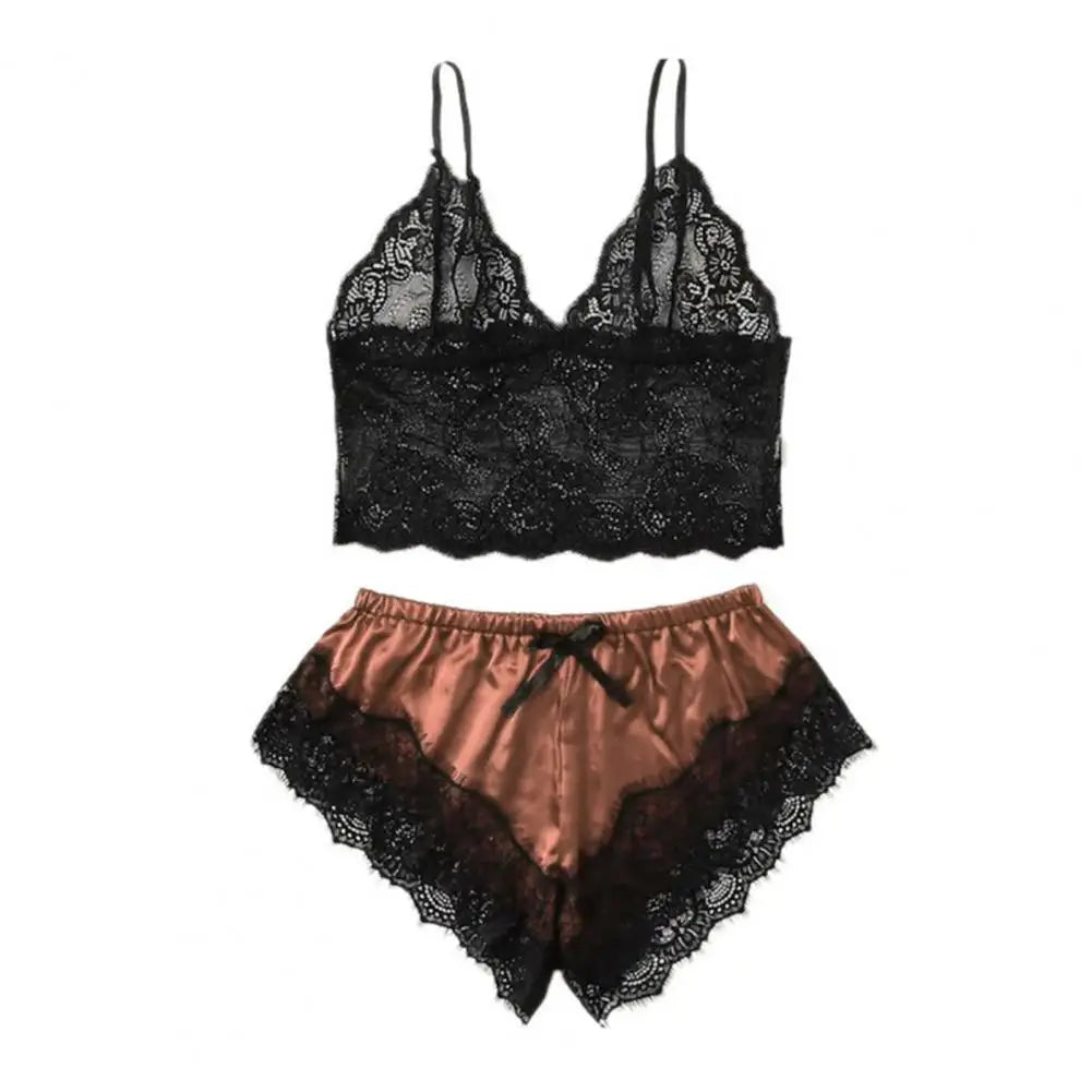 Lace Sleepwear Set for Women Sexy Transparent Sleeveless Tops Silk Shorts Pajamas Nightwear Female Lingerie Sleep Wears