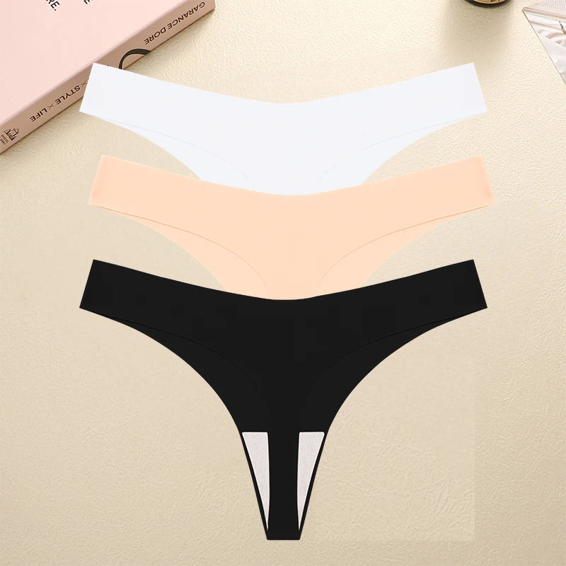 FINETOO 3PCS Seamless Thong Women Ice Silk T-back Intimate Solid Breathable Crotch Briefs Sexy Tanga Multiple 10 Color Lingerie