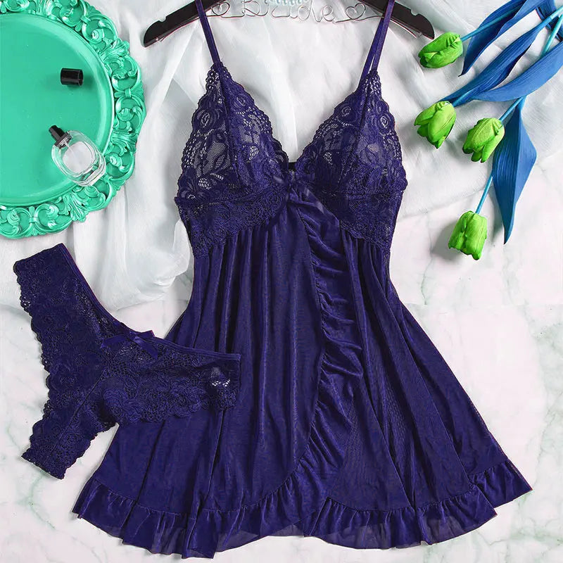 Summer Pajama Dress Female Sleeveless Lace V-Neck Sleepwear Night Transparent Tulle Pajamas Sexy Nightwear Erotic Thong Set