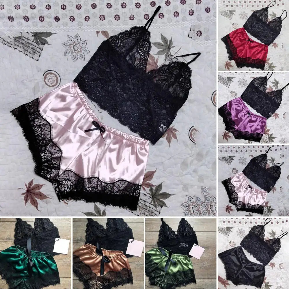 Lace Sleepwear Set for Women Sexy Transparent Sleeveless Tops Silk Shorts Pajamas Nightwear Female Lingerie Sleep Wears