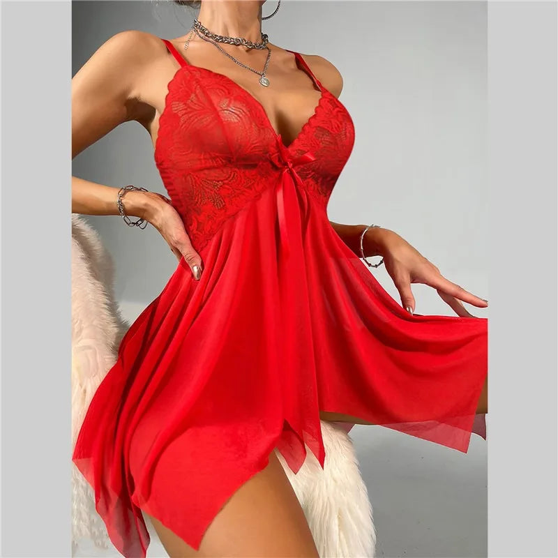 Erotic Light Thin New Transparent Pink Lace Floret See Through Sling Sleeveless Nightwear Suit Women Pajamas Set Sexy Lingerie