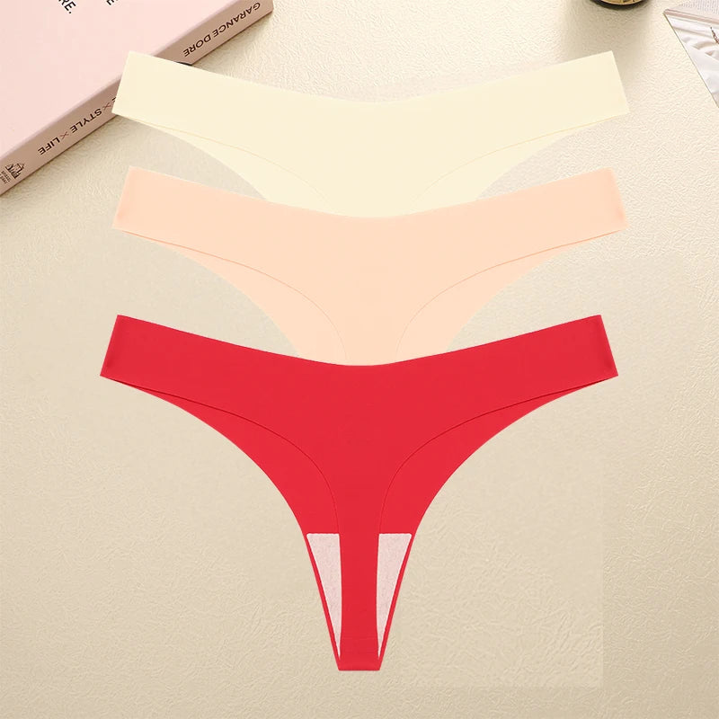 FINETOO 3PCS Seamless Thong Women Ice Silk T-back Intimate Solid Breathable Crotch Briefs Sexy Tanga Multiple 10 Color Lingerie