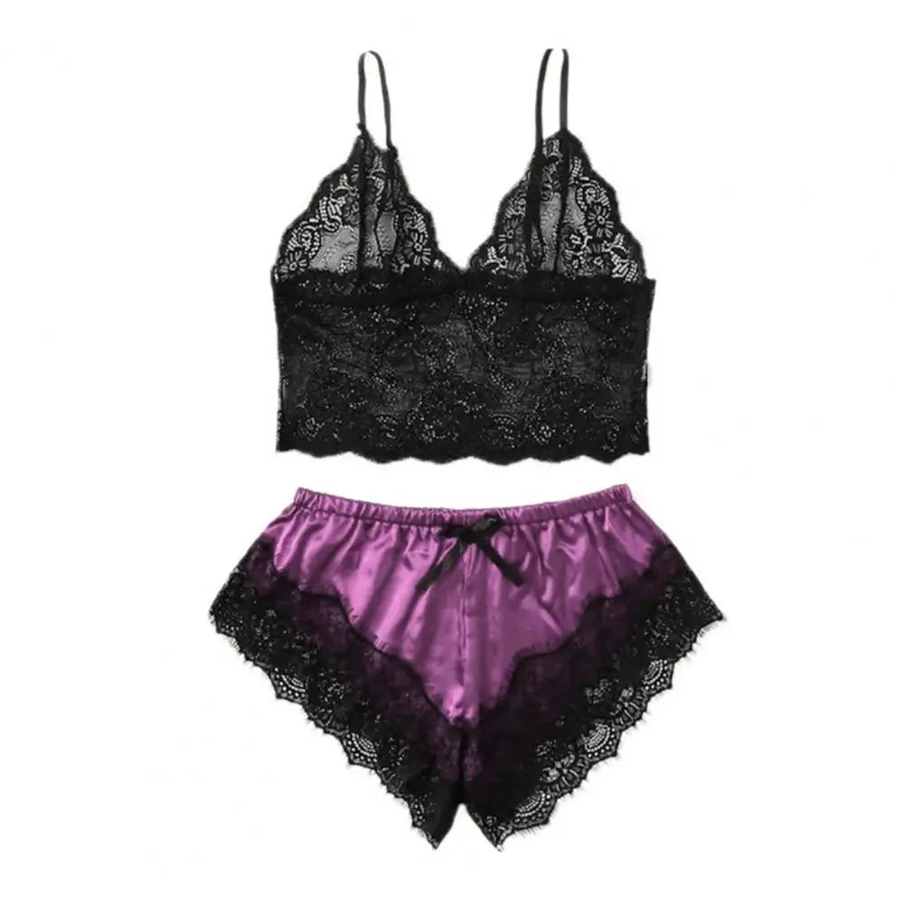 Lace Sleepwear Set for Women Sexy Transparent Sleeveless Tops Silk Shorts Pajamas Nightwear Female Lingerie Sleep Wears