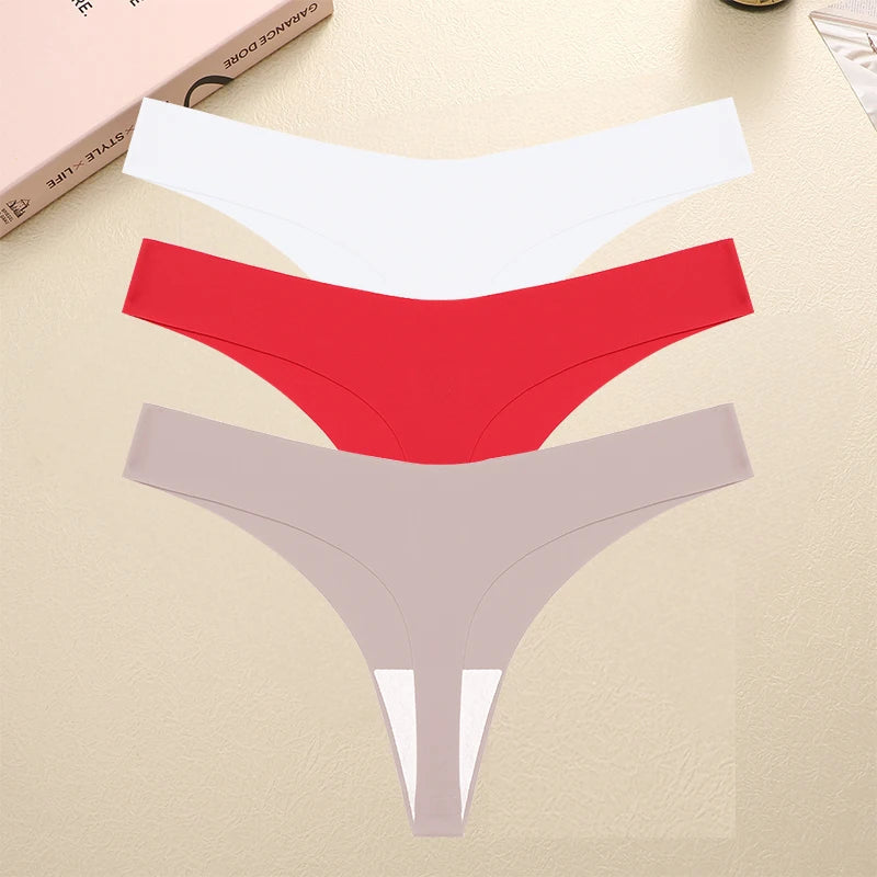 FINETOO 3PCS Seamless Thong Women Ice Silk T-back Intimate Solid Breathable Crotch Briefs Sexy Tanga Multiple 10 Color Lingerie