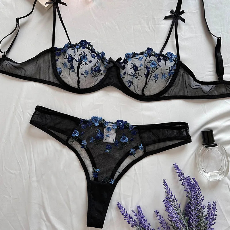 Sexy Lingerie Fancy Lace Eroticу Set Woman 2 Pieces Transparent Women's Underwear Embroidery Erotic Beautiful Bra And Panty Sets