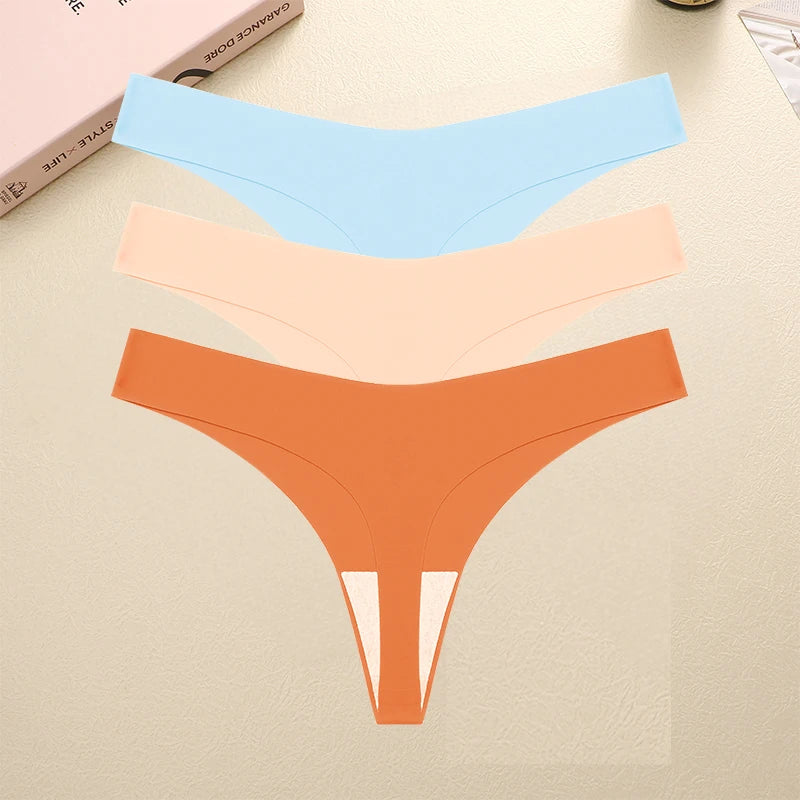 FINETOO 3PCS Seamless Thong Women Ice Silk T-back Intimate Solid Breathable Crotch Briefs Sexy Tanga Multiple 10 Color Lingerie