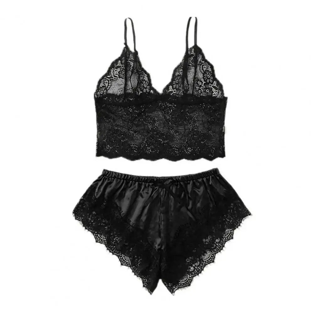 Lace Sleepwear Set for Women Sexy Transparent Sleeveless Tops Silk Shorts Pajamas Nightwear Female Lingerie Sleep Wears