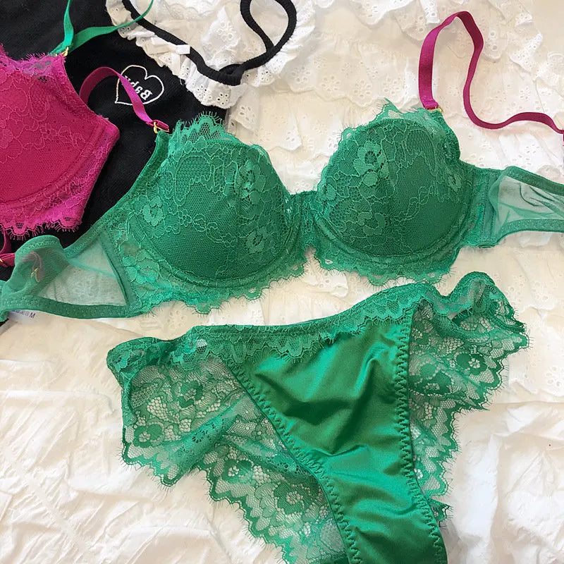 MOYISU African Dopamine French Lace Underwire Bra Set, Push-Up Minimizer Sexy Lingerie for Big Bust Women Thin Soft Cups