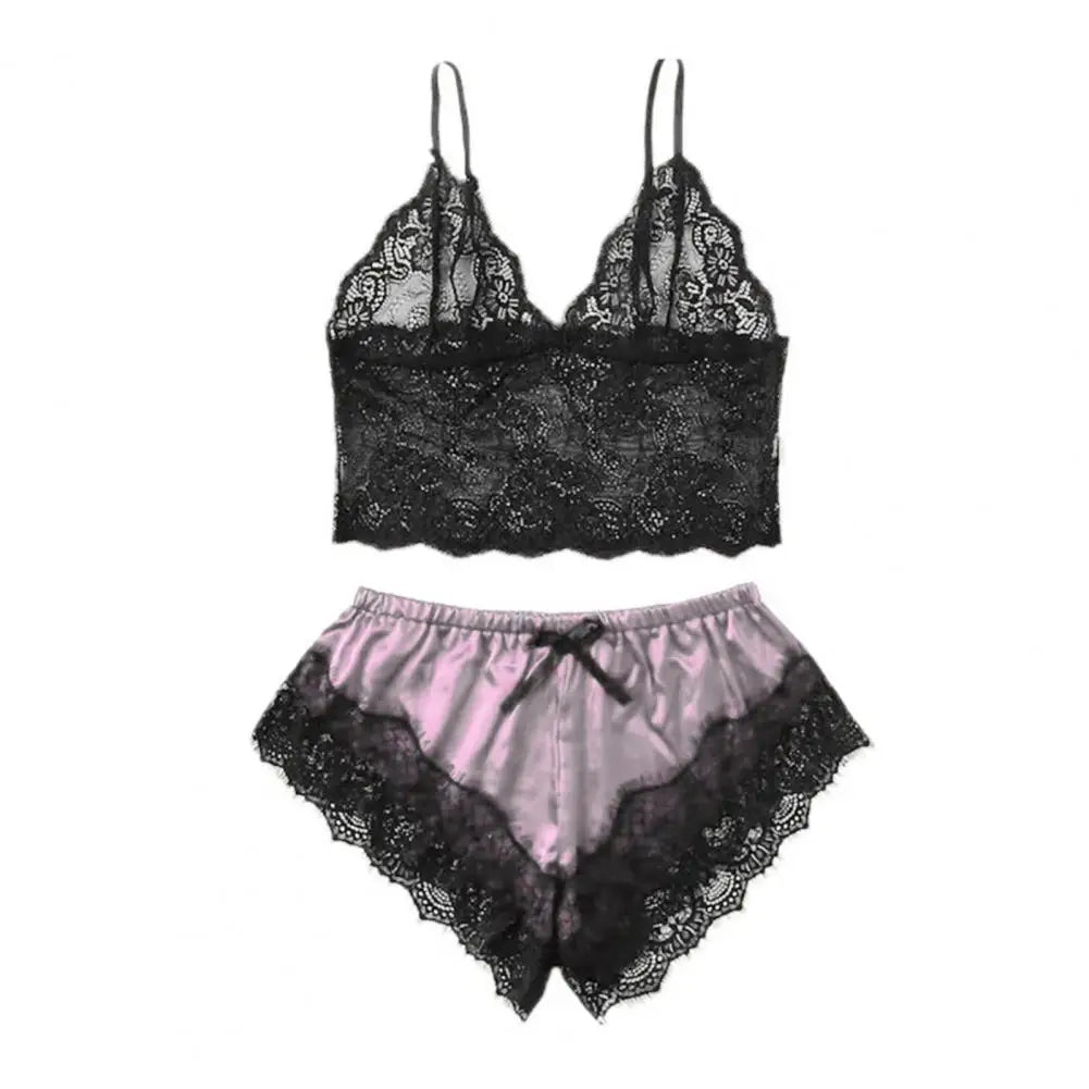 Lace Sleepwear Set for Women Sexy Transparent Sleeveless Tops Silk Shorts Pajamas Nightwear Female Lingerie Sleep Wears