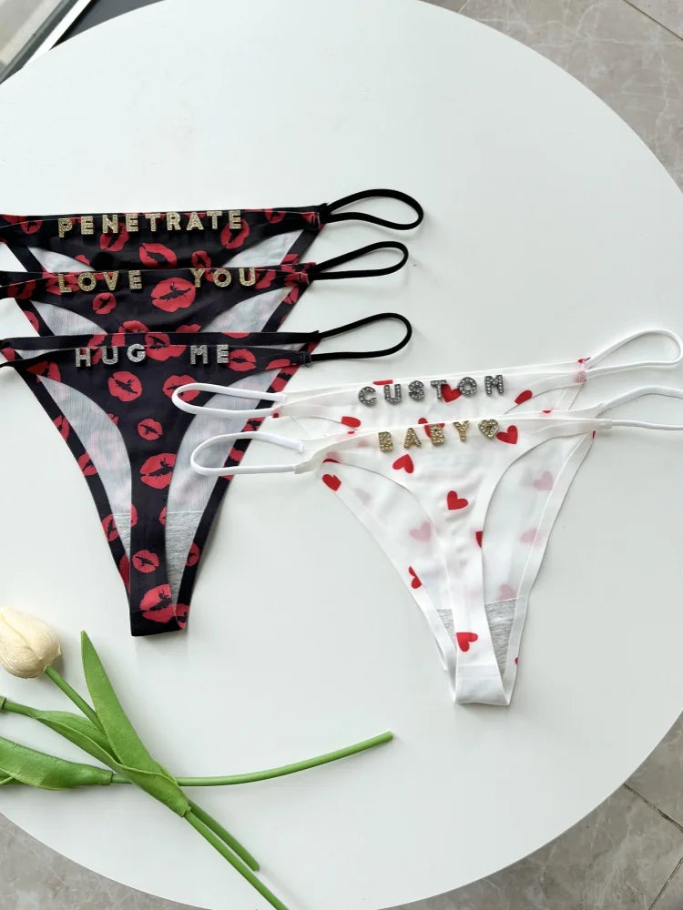 Custom Thong Name Letter Panties tanga Sexy Love Lips Pattern Personalized G-String Girlfriend Wife Valentines Christmas Gift